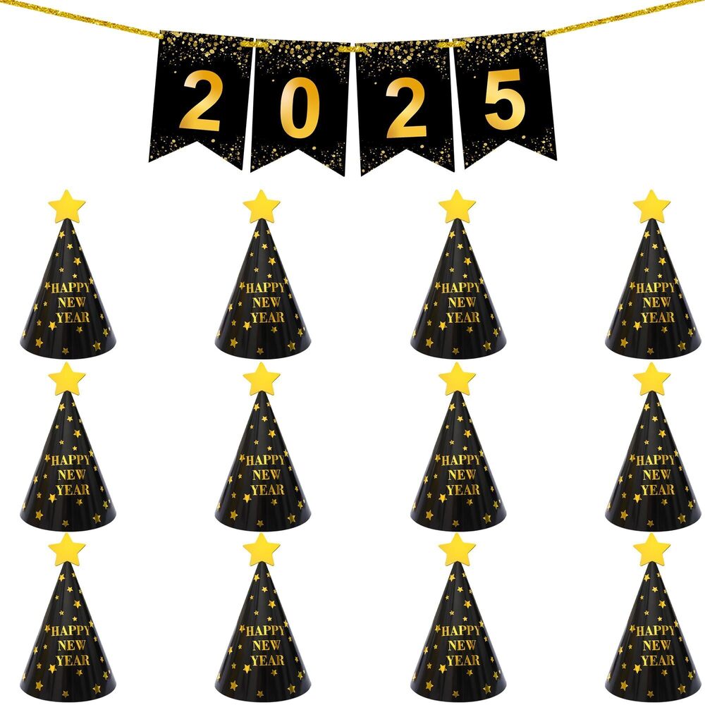 4322 New Years Eve Hats 2025 Pack of 12 with Happy New Year 2025 Banner